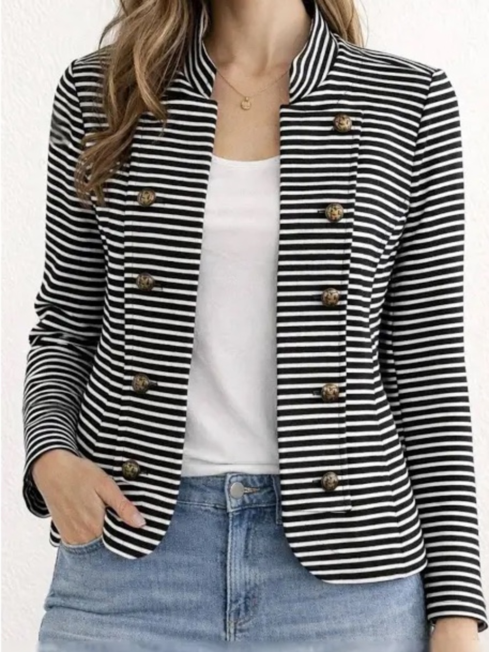 Striped  Navy & White Military-Button Women's Jacket